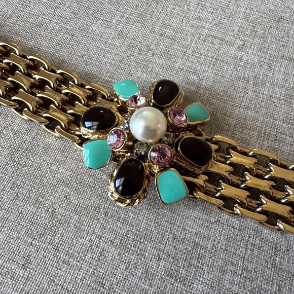 CHANEL Gold Plated Chainlink Gripiox Bracelet Pearl Gem Embellished CC Char - Picture 3 of 7